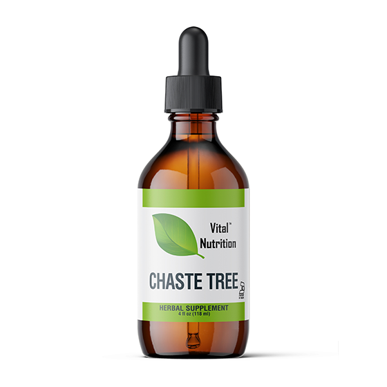 A 4 fluid oz bottle of liquid herbal supplement labeled 'Chaste Tree' by Vital Nutrition.