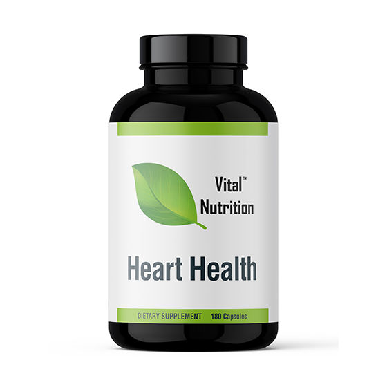 A bottle of 180 dietary supplement capsules labeled 'Heart Health' by Vital Nutrition.